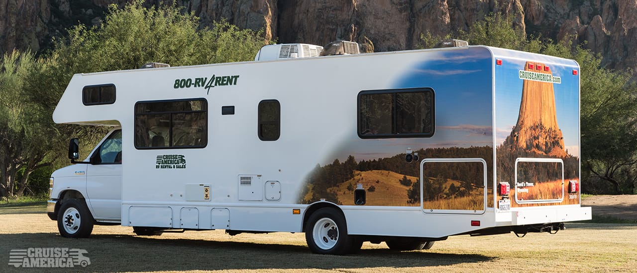Front view of large RV, showing left side of vehicle